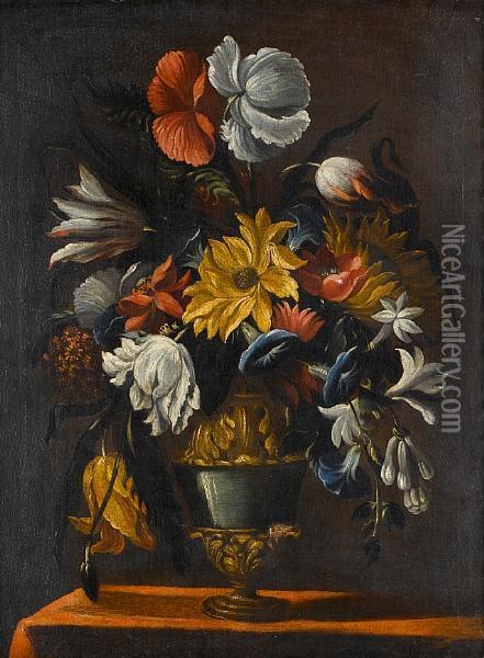 A Sunflower, Convolvulus, Poppies And Other Flowers In An Urn On A Table Top Oil Painting - Mario Nuzzi Mario Dei Fiori