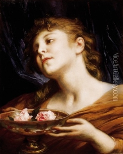 Fiatal Lany Rozsakkal (young Girl With Roses) Oil Painting - Gabriel von Max