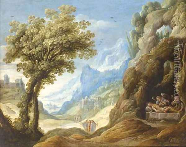 The Dead Christ lamented by Angels in a mountainous landscape Oil Painting - Isaak De Hoey