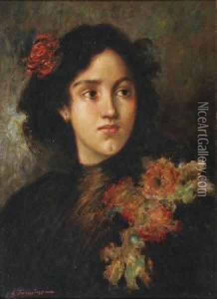 Portrait Of A Young Woman Wearing A Corsage Oil Painting - A Sounine