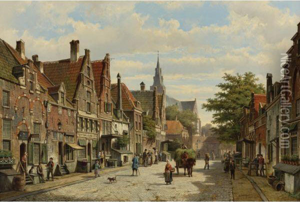 Dutch 
Figures Conversing In The Streets Of A Dutch Town On A Sunnyday, A Hay-cart Passing By Oil Painting - Willem Koekkoek