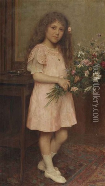 Portrait Of A Young Girl In A White Dress Holding A Bouquet Of Flowers Oil Painting - Edouard De Jans