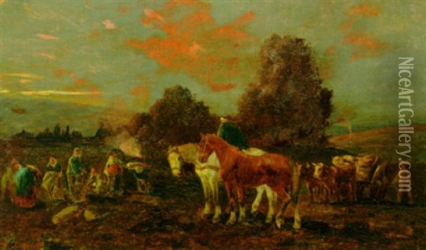 Pa Markarbejde Ved Solnedgangstid Oil Painting - Johann Heinrich Limpert