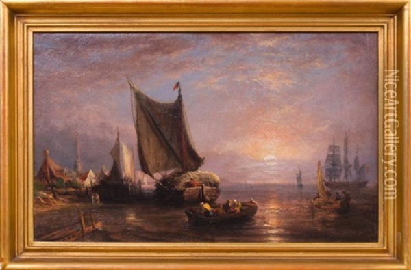River Scene At Sunset Oil Painting - George Robert Bonfield