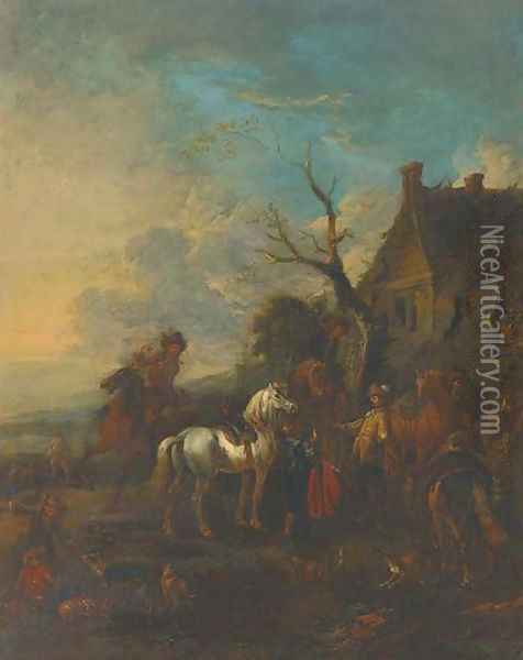 A hunting party halted outside an inn Oil Painting - Philips Wouwerman