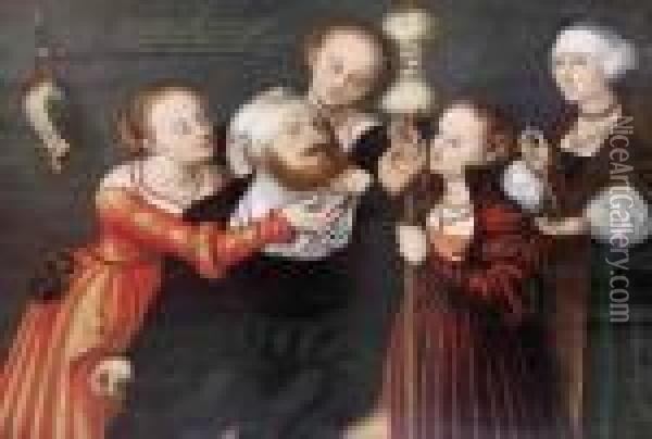 Hercules Am Spinnrocken Oil Painting - Lucas The Younger Cranach