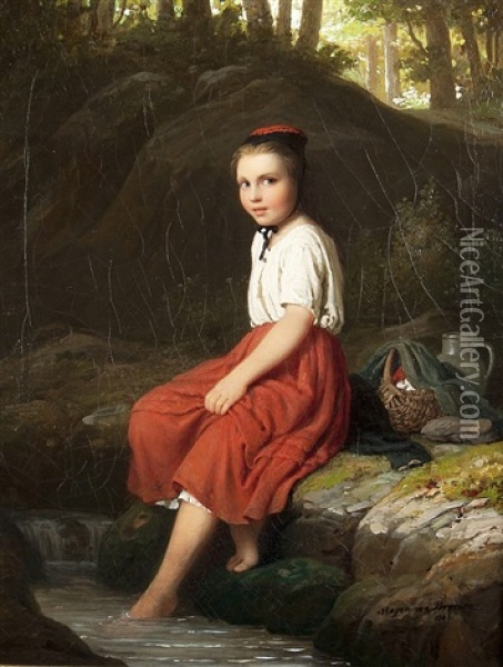 Girl At The Creek Oil Painting - Johann Georg Meyer von Bremen