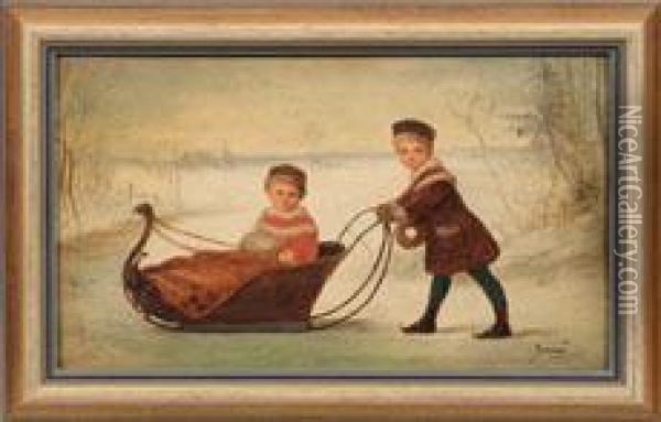 Kinderpaar Mit Schlitten Auf Dem Eis Oil Painting - Bela Ivanyi Grunwald