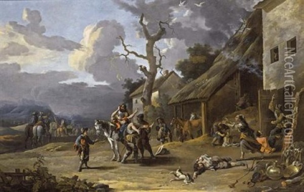 Mercenaries Plundering A Village Oil Painting - Antoon Goubau
