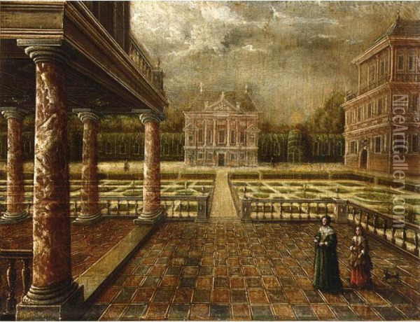 A Formal Garden With A Loggia And Two Palaces Oil Painting - Louis de Caullery