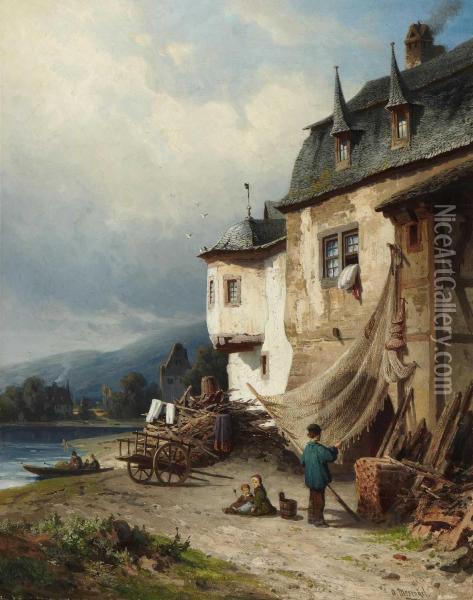 Fischer Beim Netzeflicken Vor Seinem Haus Am Ufer. Oil Painting - Adolf Mosengel