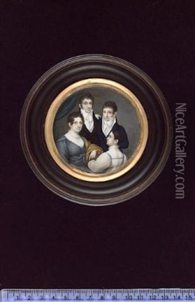A Family Group: The Father And Son Wearing Dark Coloured Coats And White Stocks; The Mother Wearing Grey Dress With White And Brown Shawl Over Her Arm; The Daughter Wearing White Dress With High Ruff Oil Painting - Karl Josef Raabe