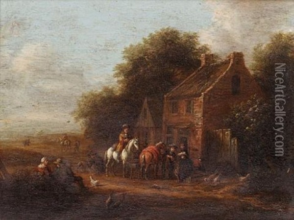 Horsemen Resting Outside A Village Inn (+ Travellers Watering Their Horses; Pair) Oil Painting - Barend Gael