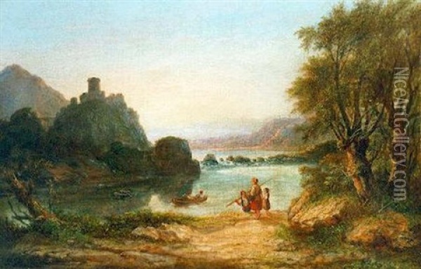 Lakescene With Figures In The Foreground Oil Painting - Agostino Aglio