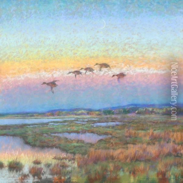 Landscape With Flying Ducks In The Twilight Oil Painting - William Gislander