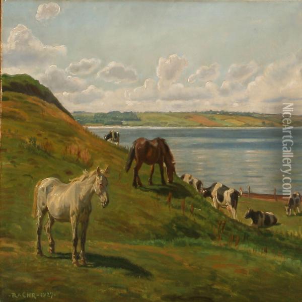 Summer Day With Grazing Horses And Cows By Hjarb k Loch Oil Painting - Rasmus Christiansen