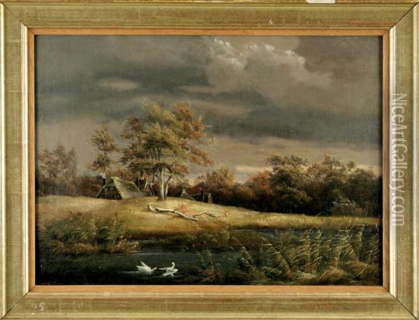 Herbstliche, Romantische Landschaft Unter Wolkenverhangenemhimmel Oil Painting - Gustav Johann Lange