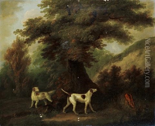 A Huntsman On Horseback And His Dogs In A Landscape (+ Two Pointers And A Hare In A Landscape; Pair) Oil Painting - John Nost Sartorius