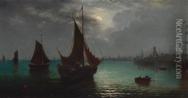 Fishing Boats Set Against The Silhouette Of A City At Night Oil Painting - Natalie Curtis Burlin