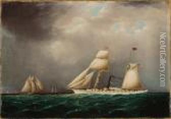 American Steam-sail Yacht Emily At Sea With Four Schooners Off Bow Oil Painting - James E. Buttersworth