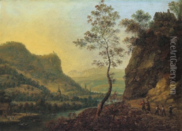 Gebirgige Flusslandschaft Mit Reisenden Oil Painting - Josef Orient