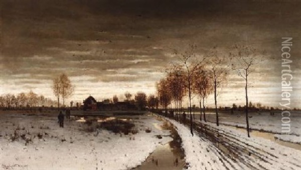 Winterliche Abendstimmung Am Niederrhein. Bauern Auf Den Feldern Vor Einem Dorf Oil Painting - Ludwig Lanckow