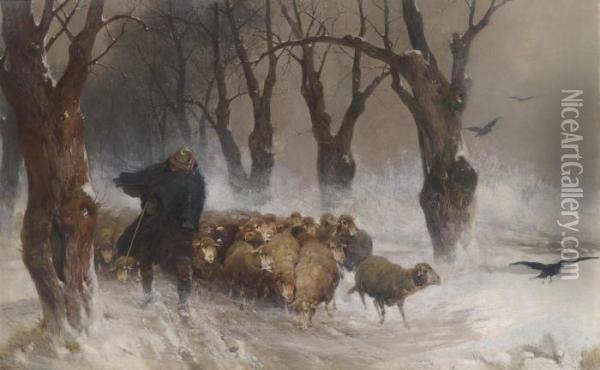 Shepherd With His Herd Returning Home In Winter Oil Painting - Ernst Adolf Meissner