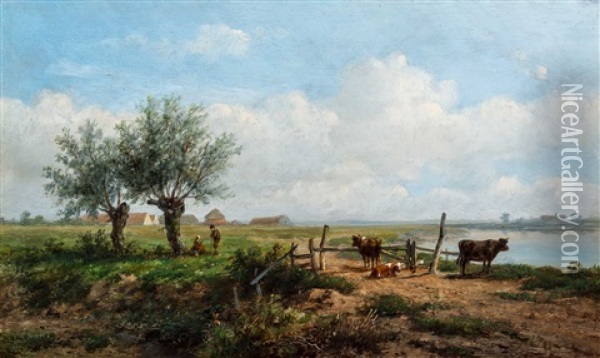 Dutch River Landscape With Resting Countryfolk And Cows Oil Painting - Anthonie Jacobus van Wijngaerdt