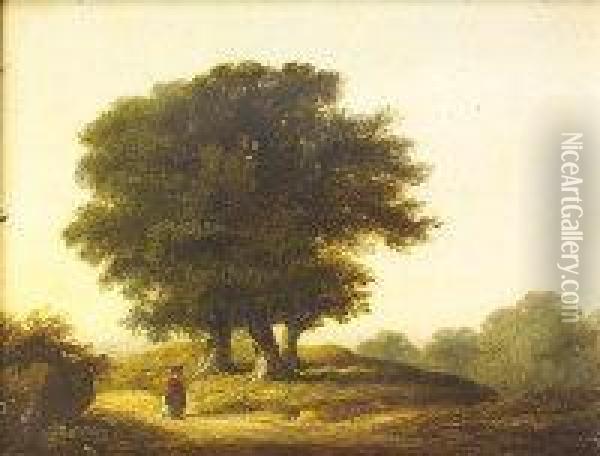 Landscape With Trees And Figures Walking Along A Lane Oil Painting - James Arthur O'Connor