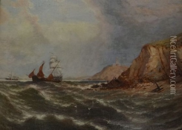Sailing Ships In A Squally Sea By The Coast With Figures Watching Oil Painting - Edwin Hayes