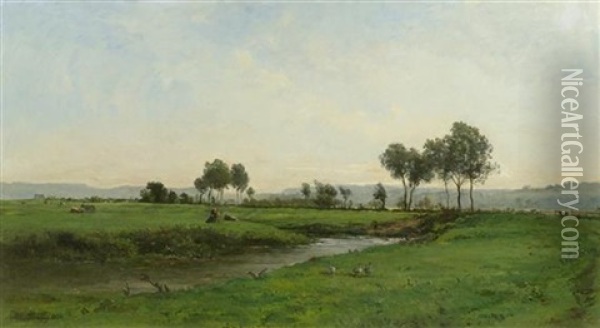 Grosse Flusslandschaft Mit Kuhen Und Gansen Oil Painting - Karl Pierre Daubigny