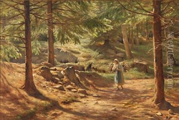 Forest Scene With A Woman Gathering Firewood Oil Painting - Niels Frederik Schiottz-Jensen