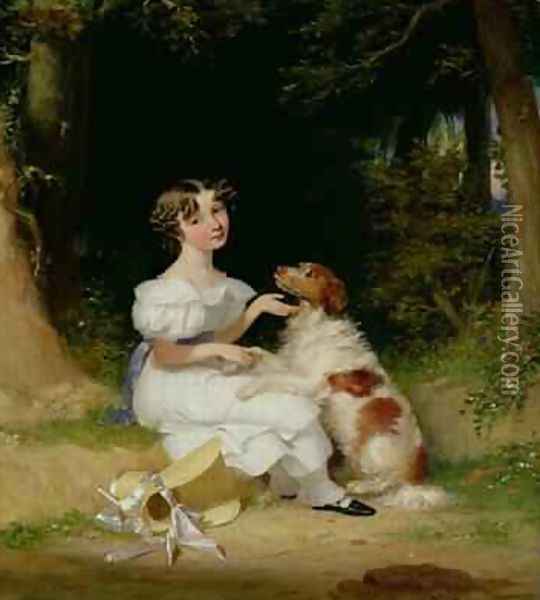 A Young Girl with Her Spaniel 1832 Oil Painting - Alexander Mosses