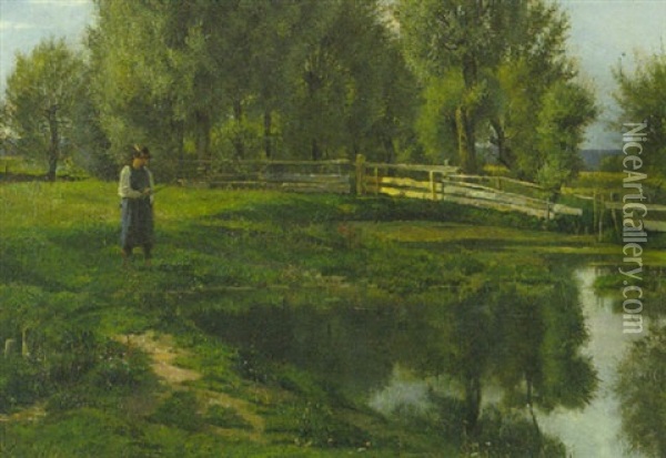 Junger Angler Am Flussufer Oil Painting - Louis (Jakob Ludwig W.) Boller