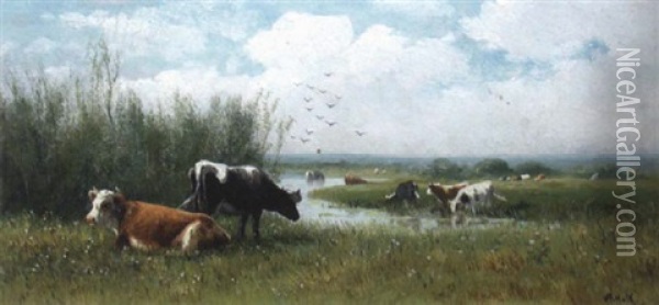Cows At Pasture Oil Painting - William Frederick Hulk