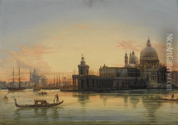 Venice, A View Of The Bacino Di San Marco And The Dogana At Sunset Oil Painting - Giovanni Grubas