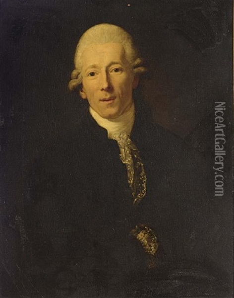 A Portrait Of A Gentleman (jacob Thomas Gaudlitz?), Wearing A Black Coat With A White Lace Scarf Oil Painting - Anton Graff