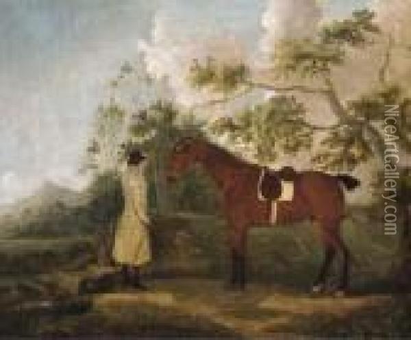 A Bay Hunter With A Groom In A Landscape Oil Painting - James Seymour And Thomas Spencer