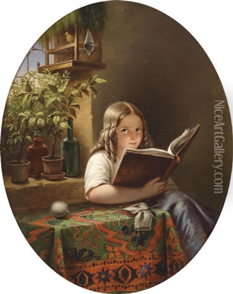 Lesendes Madchen (after Johann Georg Meyer Von Bremens) Oil Painting - Eduard Klieber