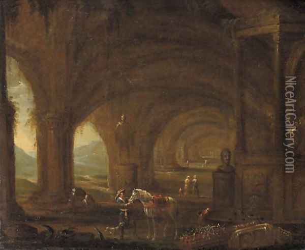 A traveller among classical ruins in a grotto Oil Painting - Abraham Van Cuylenborgh