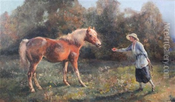 Woman Offering An Apple To A Pony Oil Painting - Alfred William Strutt