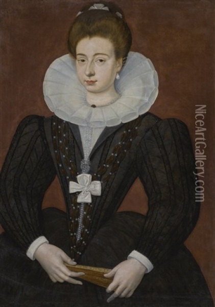 Portrait Of A French Noblewoman, Half-length, Wearing A Ruff, Pearls, A Cross-shaped Ribbon, And Holding A Fan Oil Painting - Francois Quesnel