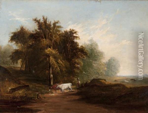 Cattle And Drover At Bramerton Oil Painting - Frederick Ladbrooke