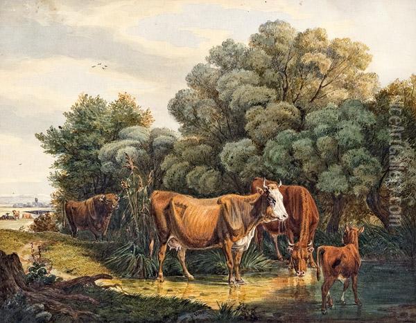 Kuhe Am Wasser Oil Painting - Friedrich Johann Voltz