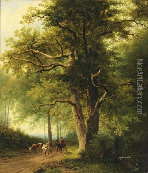 Figures With Cattle On A Path In A Forest Oil Painting - Willem Bodemann