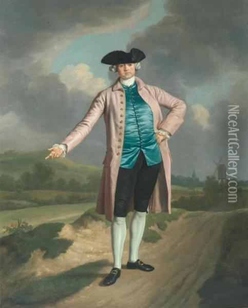 Portrait Of A Nobleman In A Broad Landscape With A Windmill. Oil Painting - Thomas Gainsborough