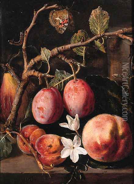 Plums, apricots on a twig Oil Painting - Peeter Snijers