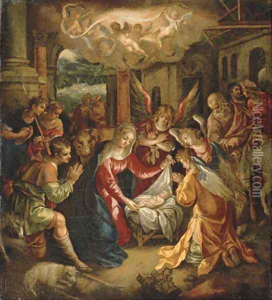 The Adoration of the Shepherds with the Annunciation to the Shepherds beyond Oil Painting - Hendrick De Clerck