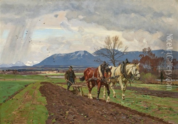 A Ploughing Farmer (view Of Brauneck And Karwendelspitze) Oil Painting - Otto Struetzel