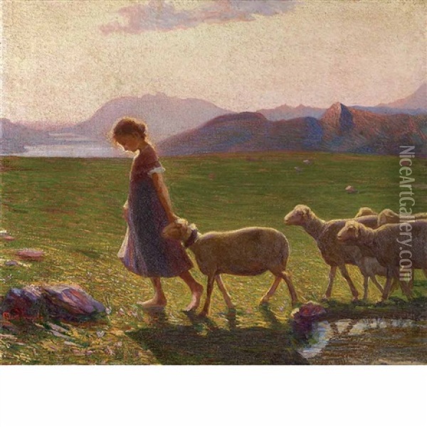 End Of The Day (pastorella Con Pecore) Oil Painting - Giovanni Sottocornola